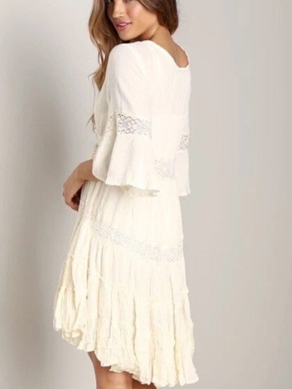 Free People Cloud Boho Tiered Ruffle Mini Dress in Cream - Picture 3 of 12